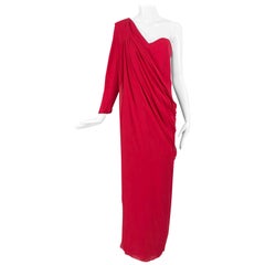 Hanae Mori Red Silk One Shoulder Draped Chiffon Gown