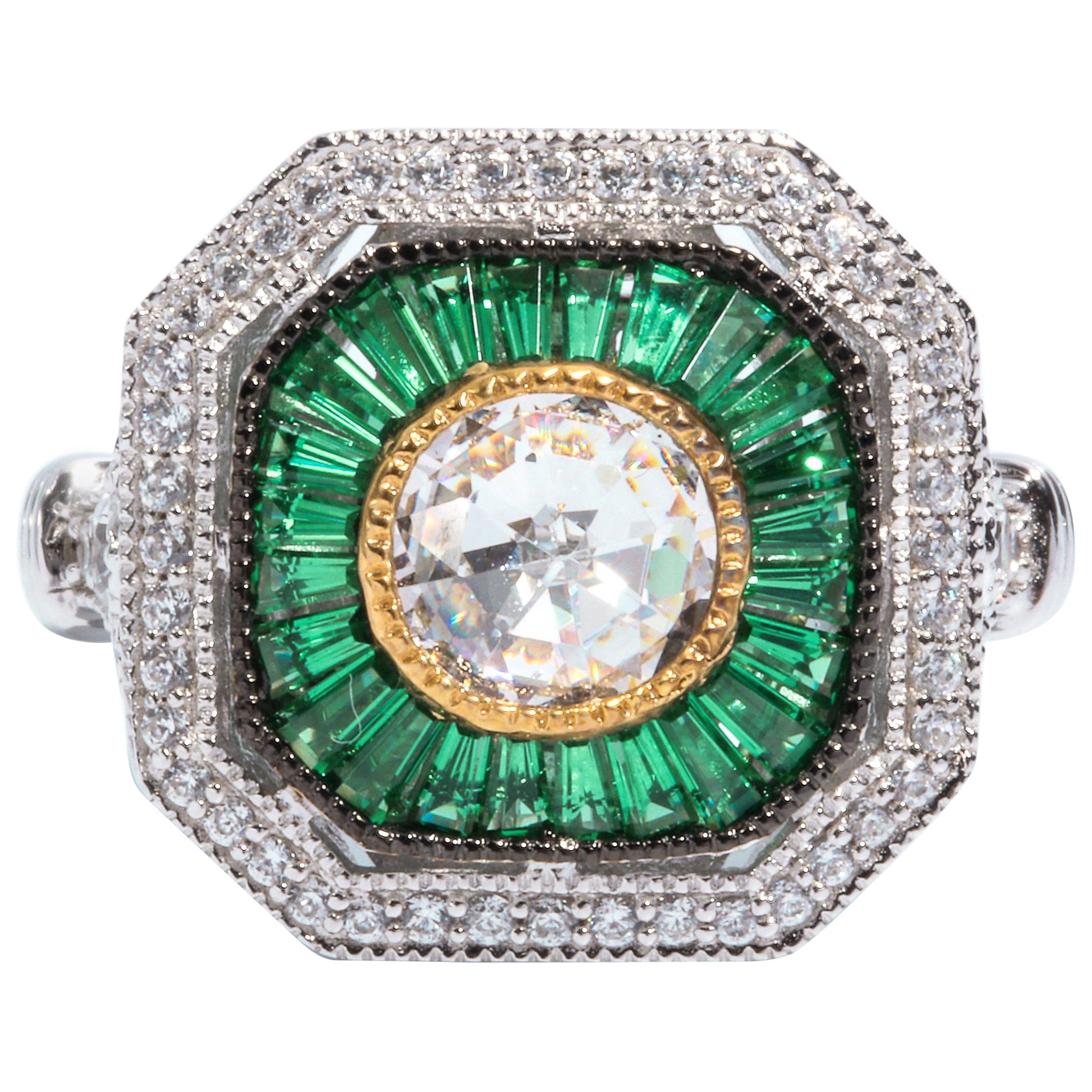 Art Deco Style  Cubic Zirconia Synthetic Emerald Sterling Ring