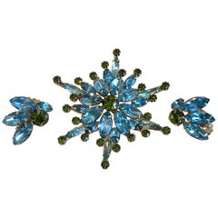 Retro Hattie Carnegie Blue and Green Brooch and Earring Set, Circa 1960