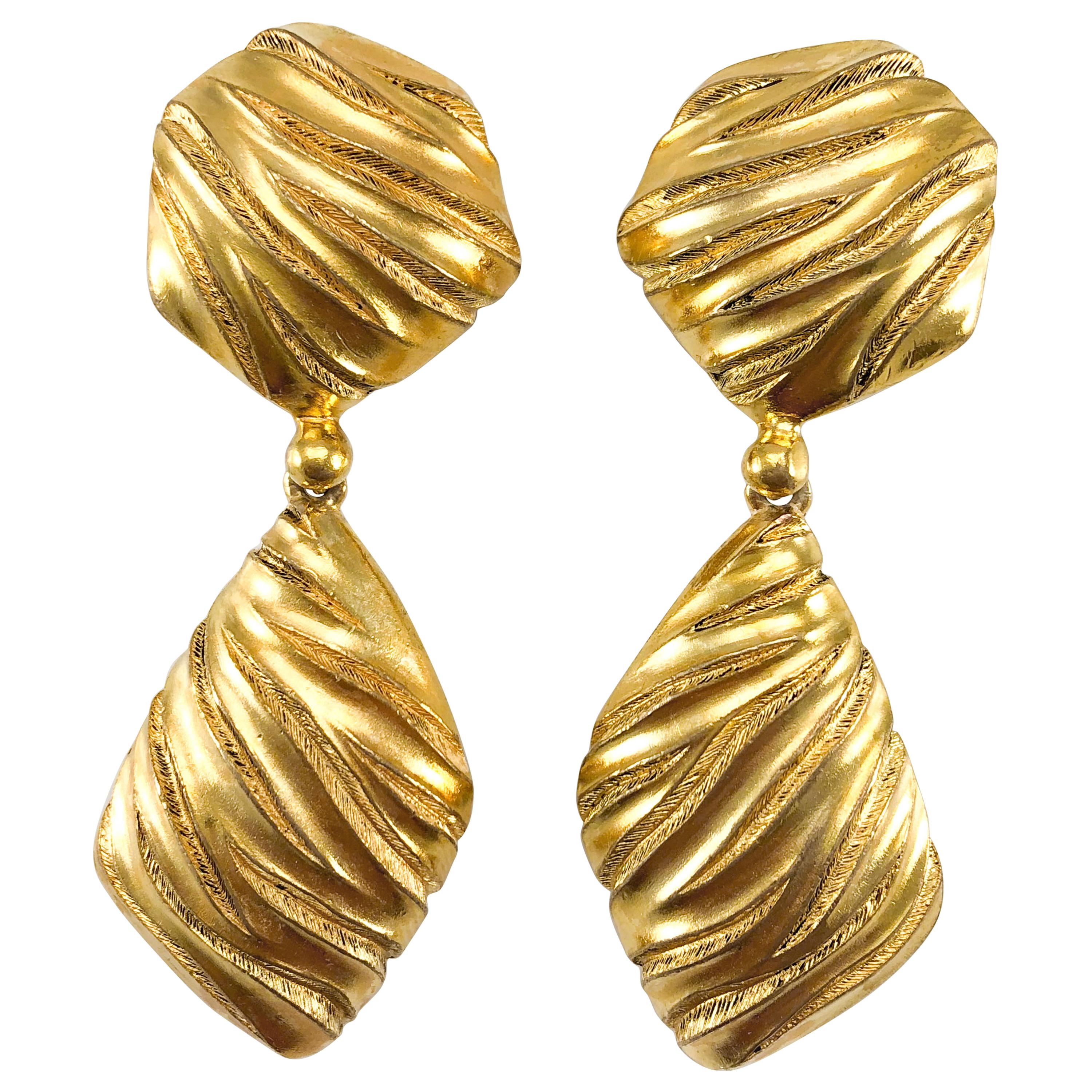 1980's Yves Saint Laurent Gold-Plated Ribbed Dangling Earrings For Sale