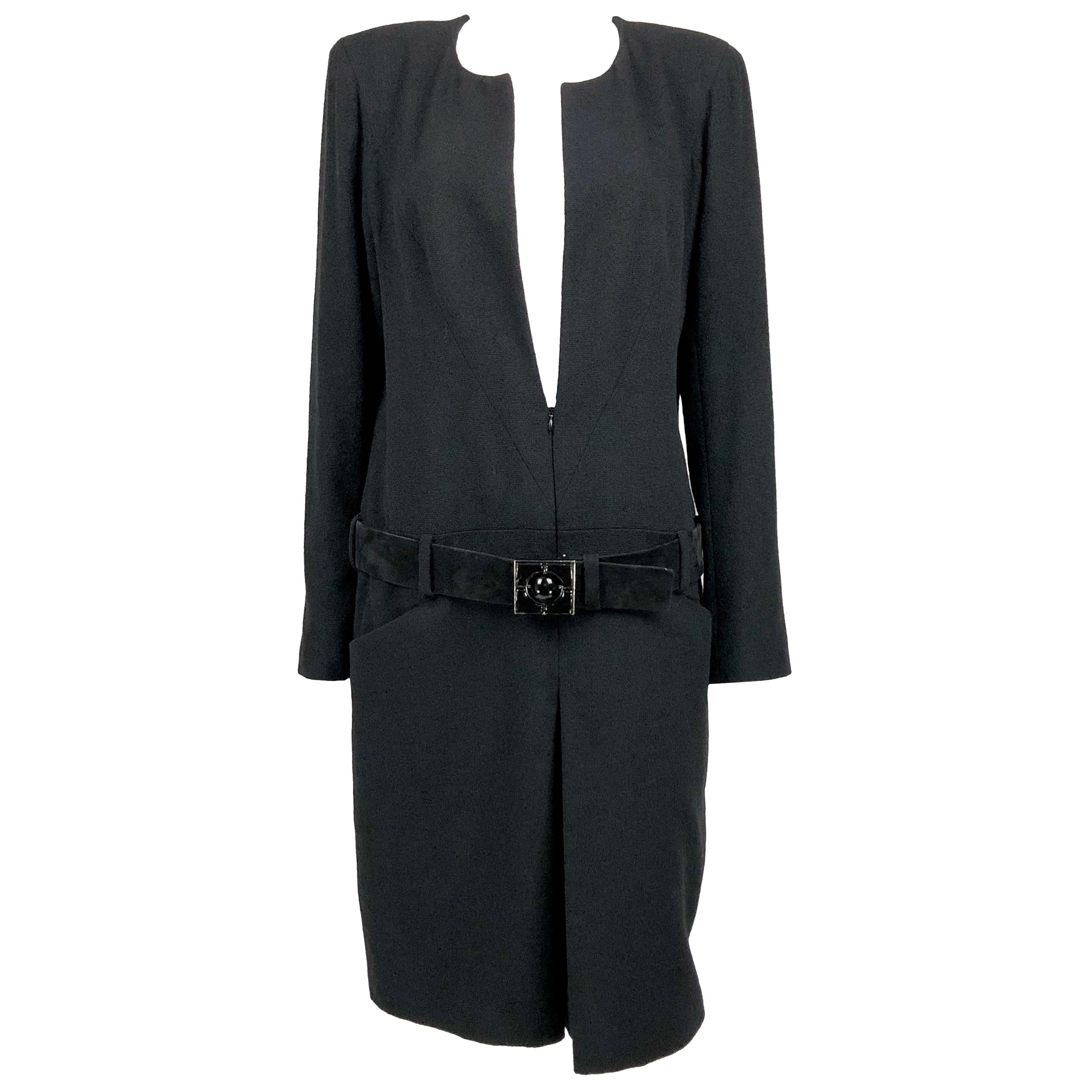 2009 Chanel Runway Look Black Wool Belted Dress / Coat (Large Size) For Sale