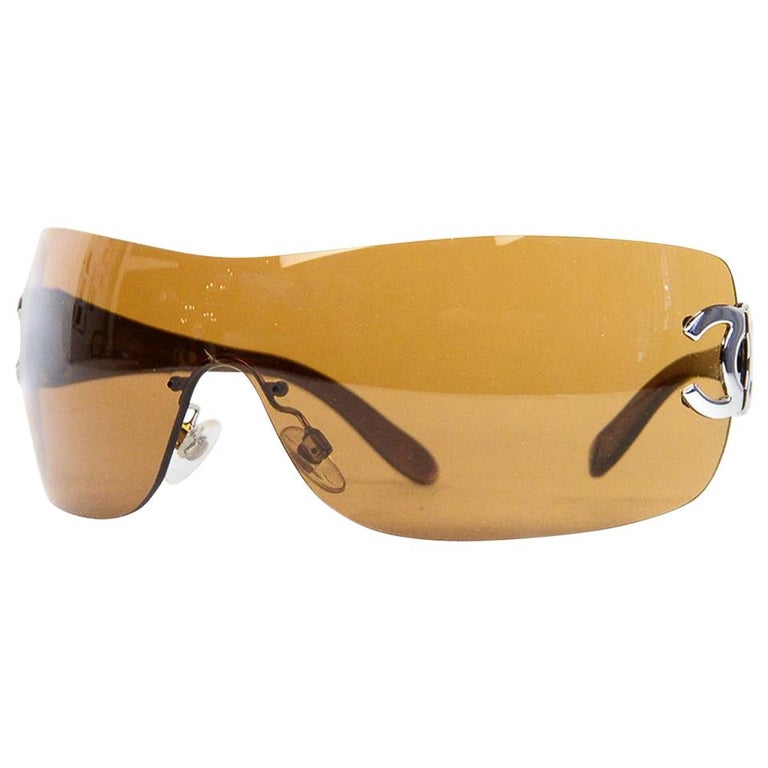 Chanel Vintage Brown Rimless Aviator/Shield Style CC Sunglasses W/ Box,  Case, DB