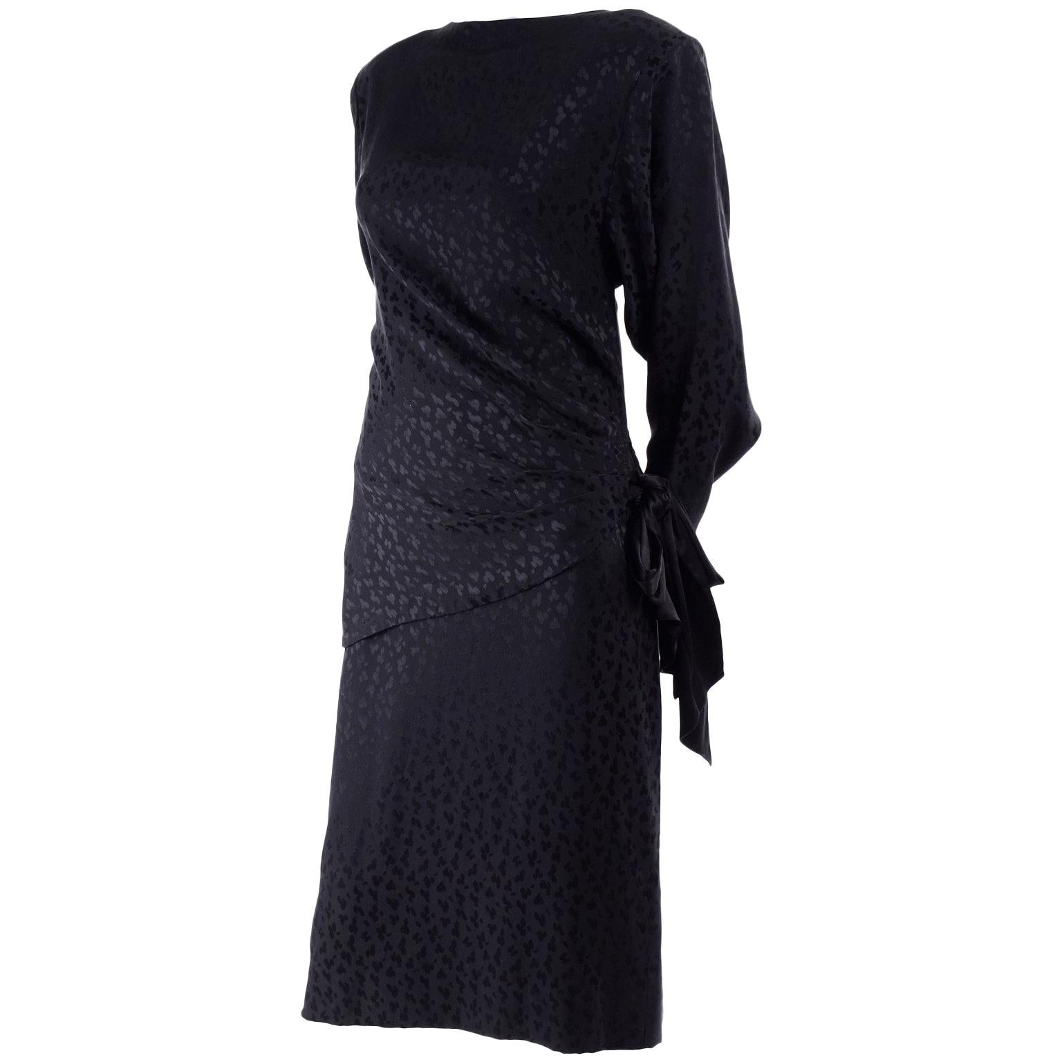 Adolfo Vintage Silk Tone on Tone Leopard Print Black Dress With Draping