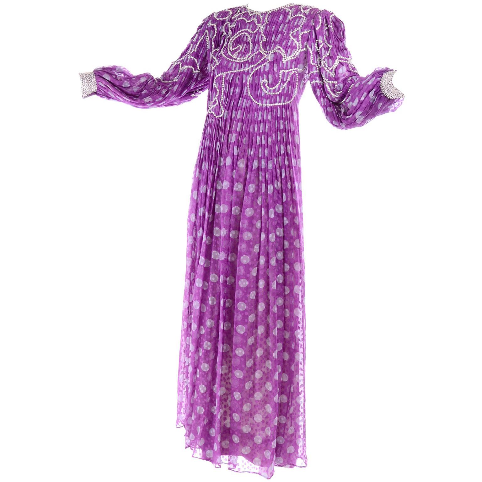 James Galanos Silk Chiffon Purple Polka Dot Vintage Dress w Silver Sequins