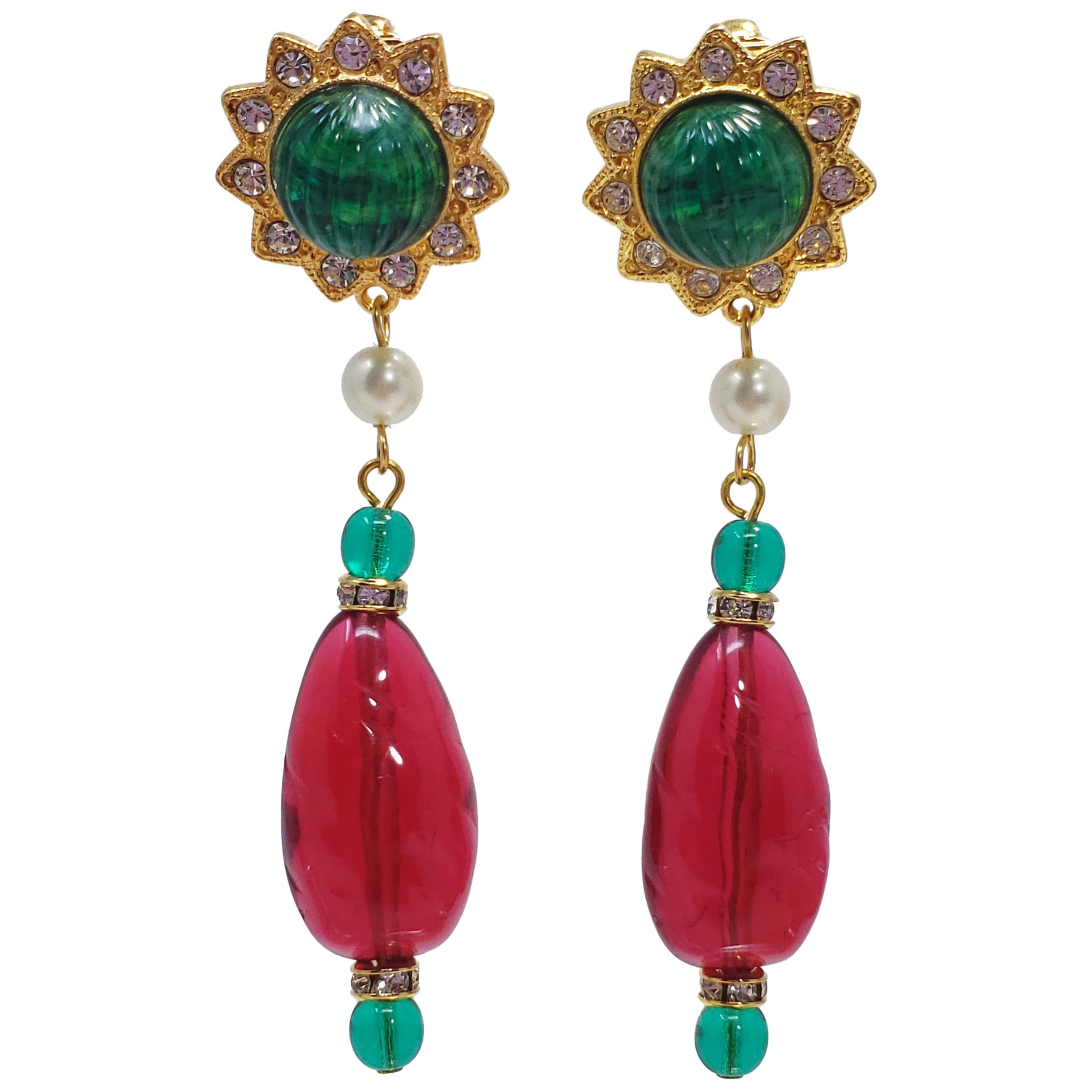 KJL Kenneth Jay Lane Emerald and Ruby Crystal Clip on Dangling Earrings Goldtone