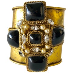 French Byzantine Pearl Diamanté Black Maltese Cross Statement Cuff Bracelet 