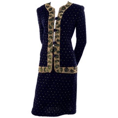 Vintage Adolfo Black Evening Dress Alternative Suit W/ Gold & Green Rhinestones