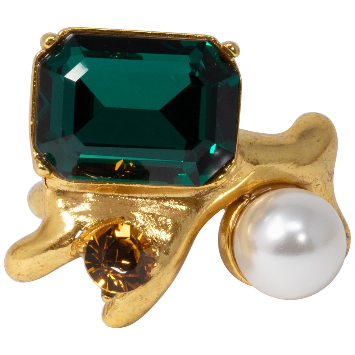 Oscar de la Renta Bold Green, Amber Crystal and Pearl Cocktail Ring