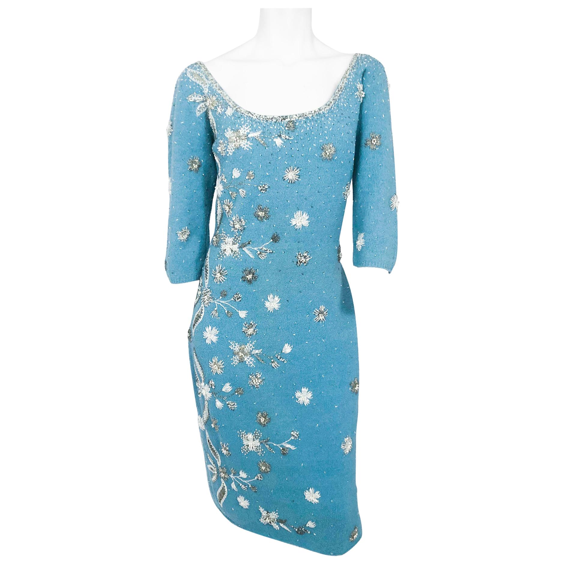 1950s Aqua Knit Dress with Hand Beading Accents For Sale