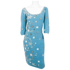 Vintage 1950s Aqua Knit Dress with Hand Beading Accents
