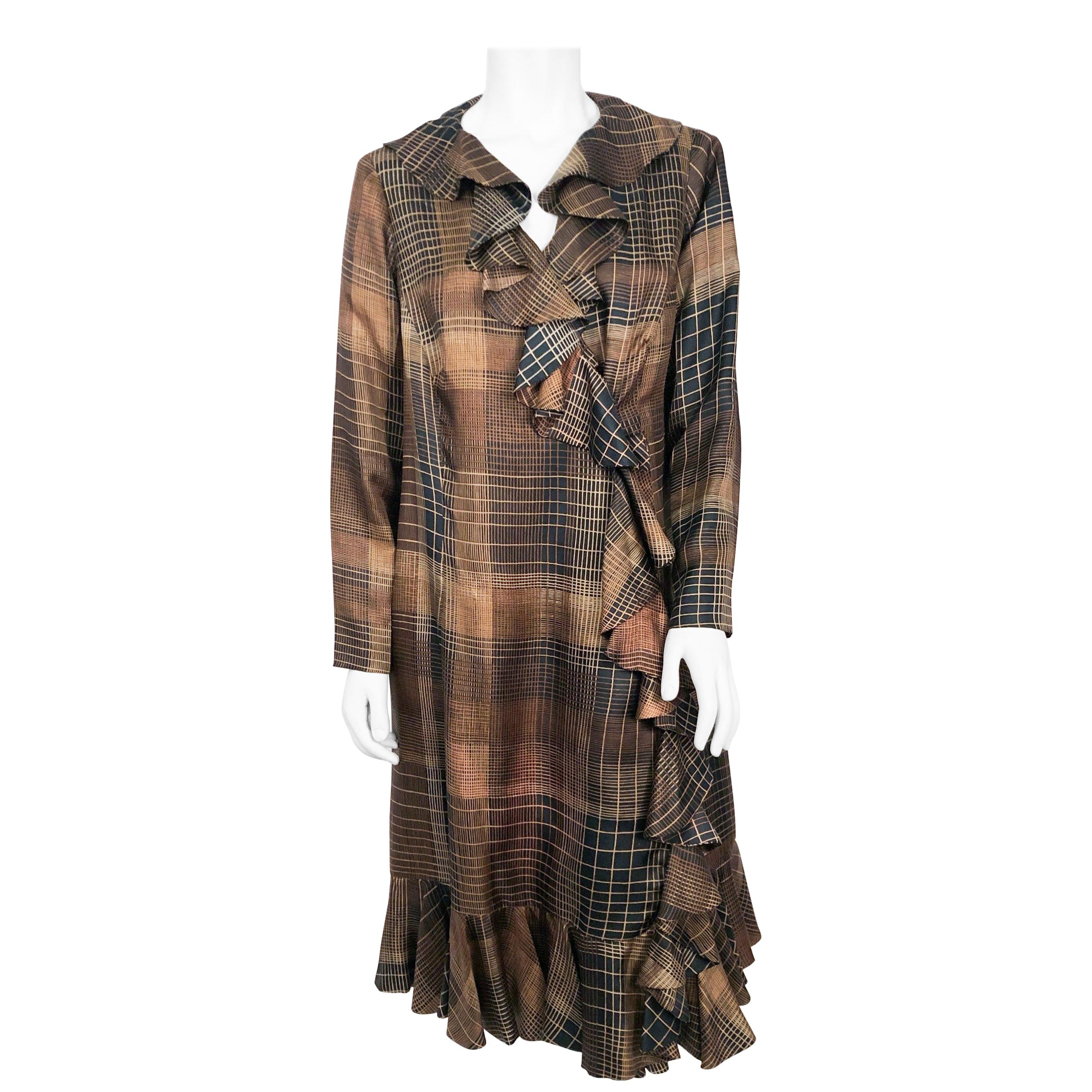 1960s Brown and Black Plaid Silk Coat with Ruffled Collar and Hem For Sale