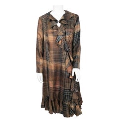 1960s Brown and Black Plaid Silk Coat with Ruffled Collar and Hem