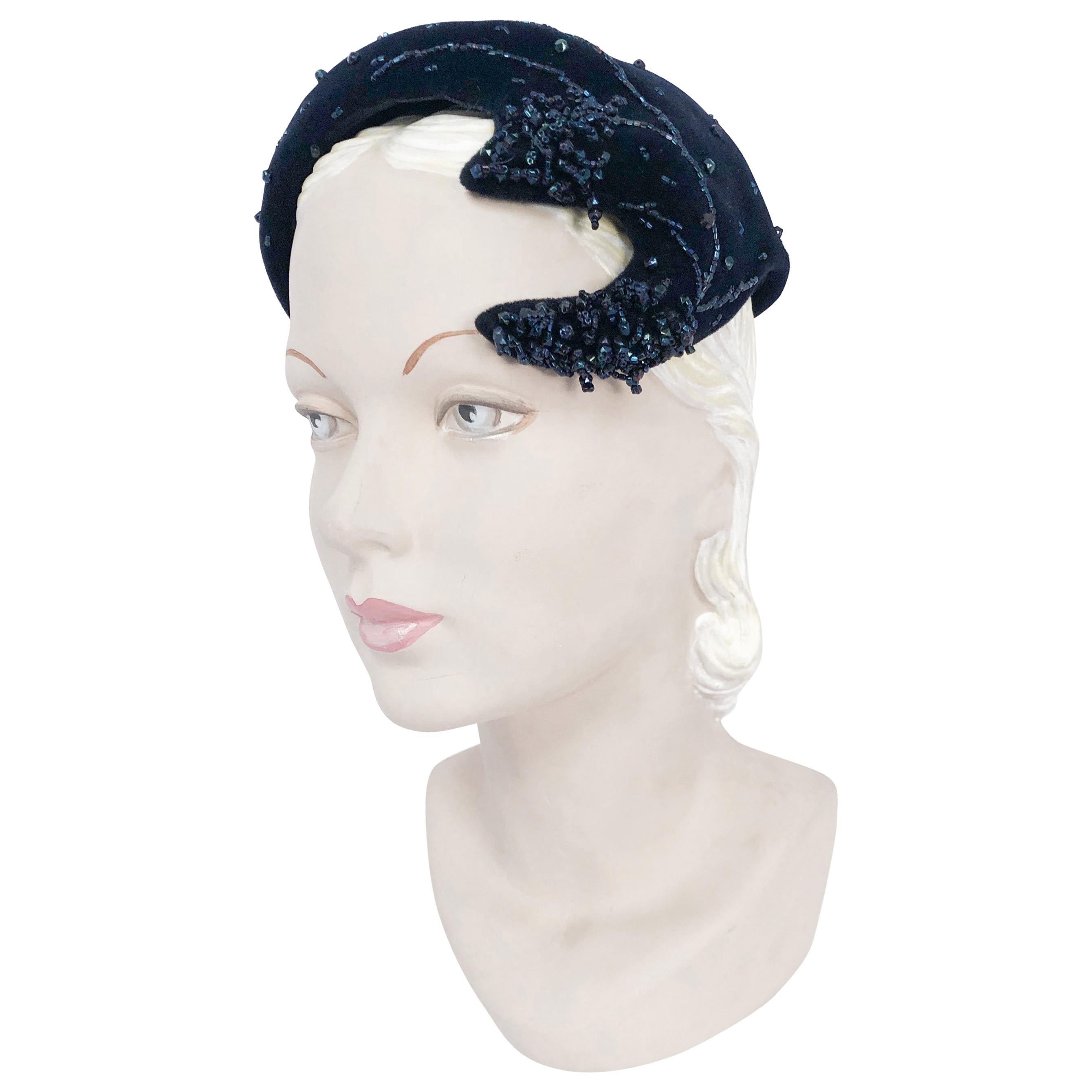 1950s Navy Beaded Cocktail Hat