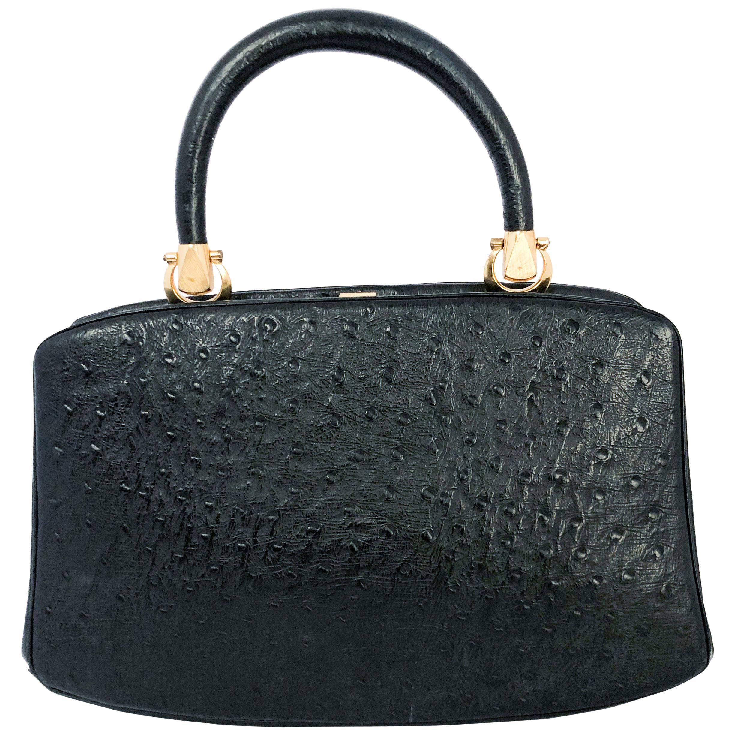 1960s Rosenfeld Black Embossed Leather Top Handle Purse
