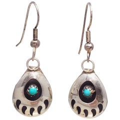 Retro Native American Bear Claw Sterling Silver and Turquoise Dangling Earrings