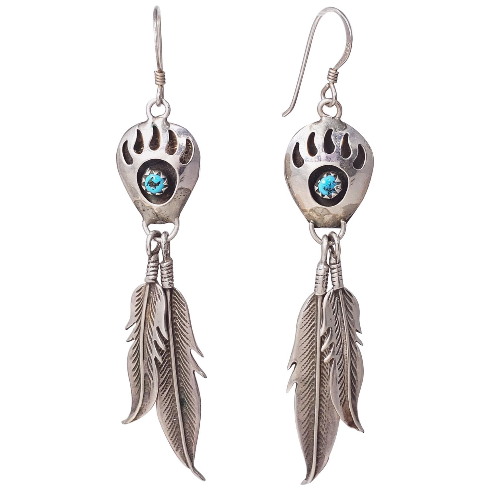 Navajo Indian Jewelry Sterling Silver Black Onyx Bear Paw Dangle Earrings! 