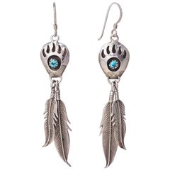 Native American Bear Claw Feather Sterling Silver Turquoise Dangling Earrings
