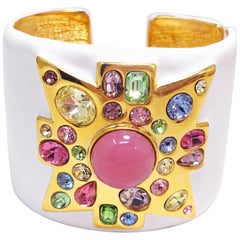 KJL Kenneth Jay Lane Jeweled Maltese Cross, White Enamel Hinged Cuff Bracelet