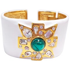 KJL Kenneth Jay Lane Crystal Maltese Cross, White Enamel Hinged Cuff Bracelet