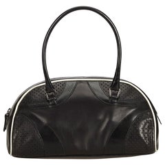 Prada Black Leather Vitello Drive Perforated Bowling Bag