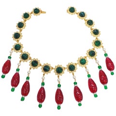 Vintage KJL Kenneth Jay Lane Red and Green Drop Accents Necklace w Faux Pearls, Crystals