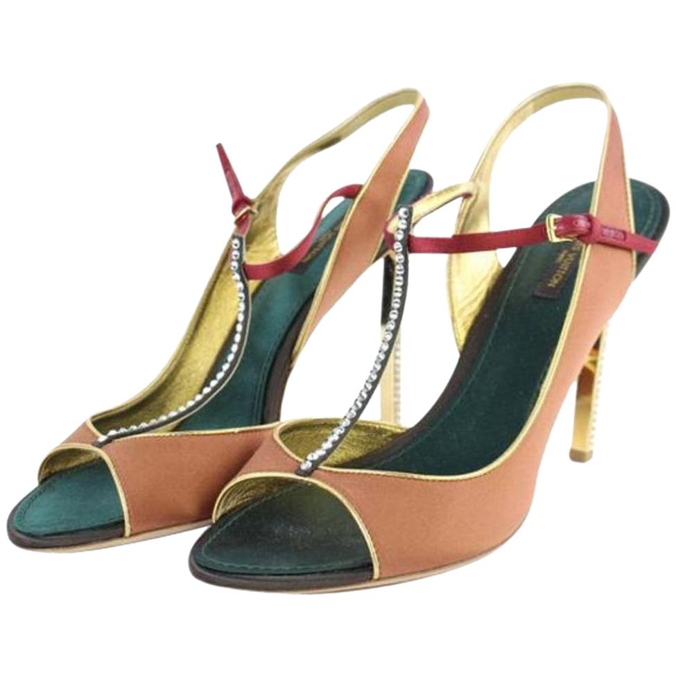 Louis Vuitton Brown X Green Runway Front T-strap Crystal Heels 3lt927 Pumps For Sale