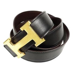 Used Hermès Black Guilloche Reversible H Logo Kit  231325 Belt