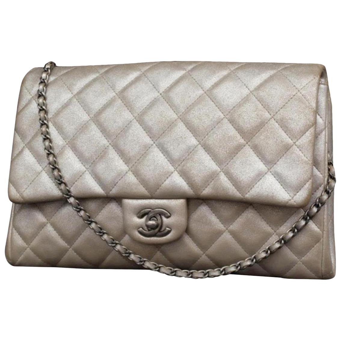 Chanel Clutch Classic Flap Quilted Jumbo Chain 231197 Silver Leather Shoulder Ba For Sale