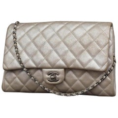 Vintage Chanel Clutch Classic Flap Quilted Jumbo Chain 231197 Silver Leather Shoulder Ba