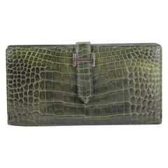 Vintage Hermès Green Crocodile Bearn 99ht30 Wallet