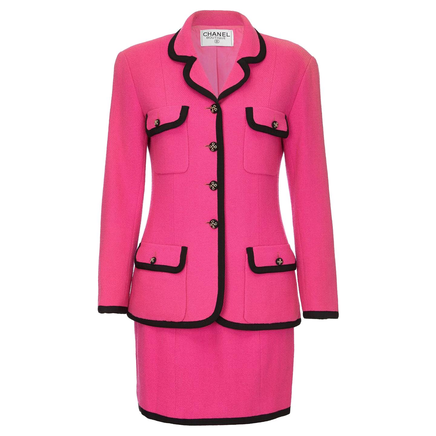 Chanel 1980s or early 1990s Fuschia Pink Wool Skirt Jacket Suit at 1stDibs