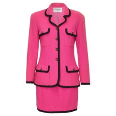 Chanel 1980s or early 1990s Fuschia Pink Wool Skirt Jacket Suit