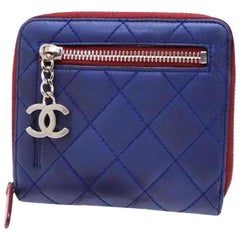 Chanel Blue Bicolor Quilted X Red Compact Zip Around 232711 Wallet