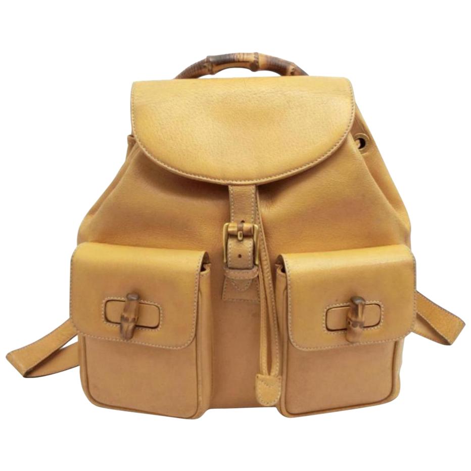 Gucci Mustard Tan Bamboo Double Pocket 231457 Brown Leather Backpack For Sale