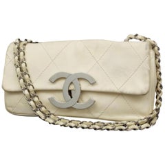 Vintage Chanel Quilted Extra Large Jumbo Logo Flap 231338 Ivory Leather Shoulder Bag