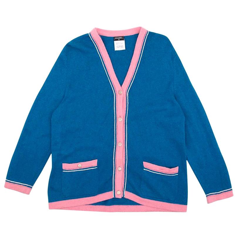 Chanel Blue Cashmere Cardigan With Contrasting Pink Trim US 12 For Sale