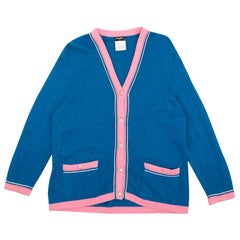 Chanel Blue Cashmere Cardigan With Contrasting Pink Trim US 12