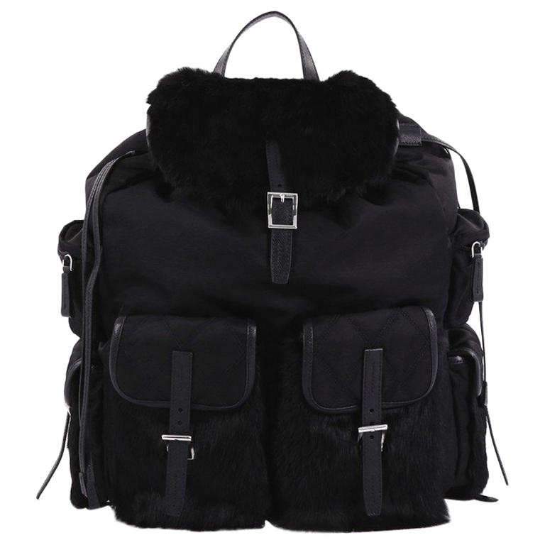 Prada Double Front Pocket Backpack Tessuto With Fur Medium