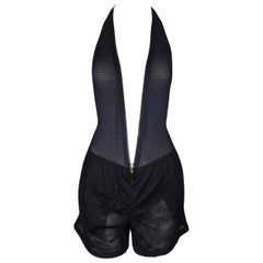 S/S 2002 Gucci Tom Ford Black Mesh Plunging Zipper Bodysuit & Shorts Set