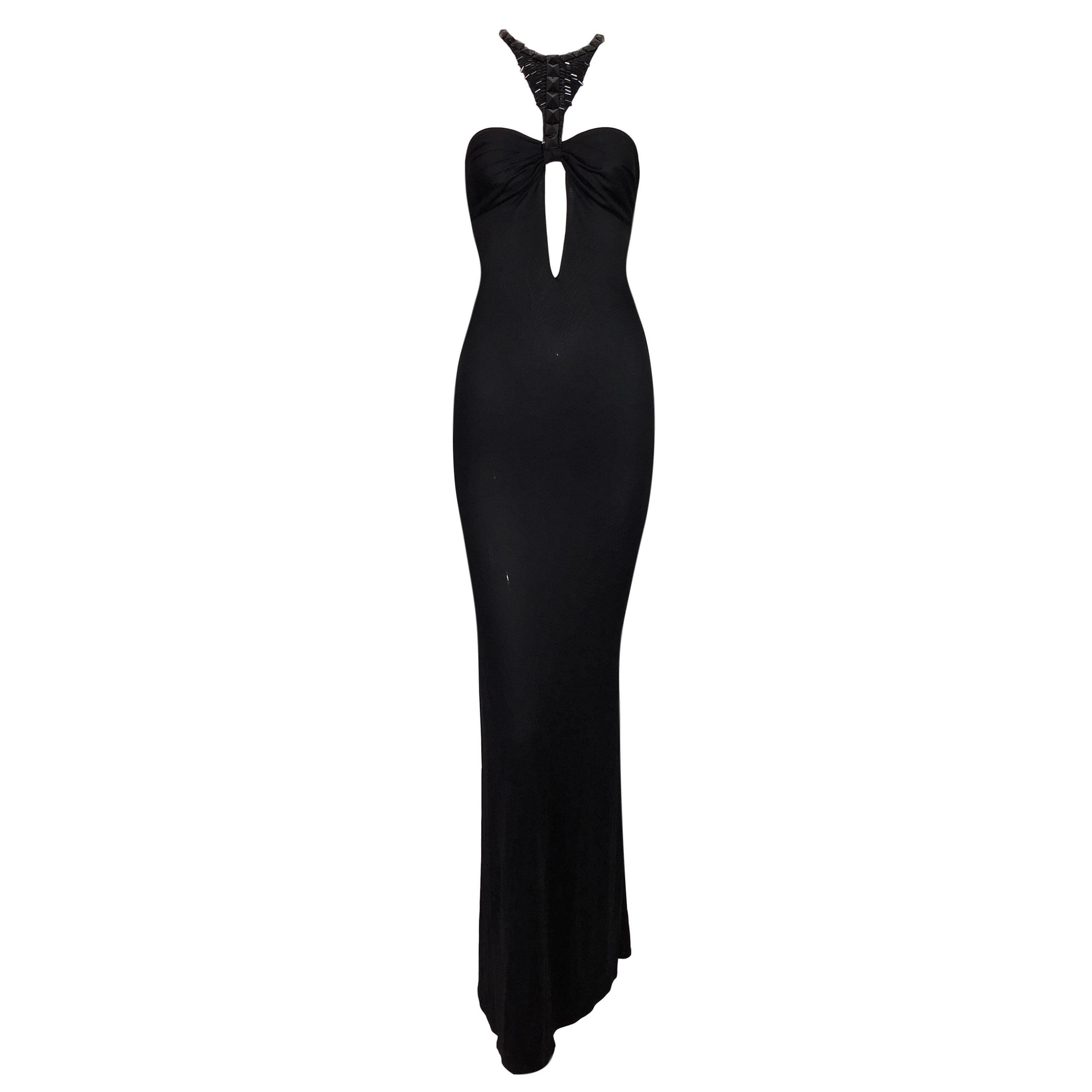 F/W 2004 Gucci Tom Ford Black Slinky Plunging Cut-Out Beaded Gown Dress