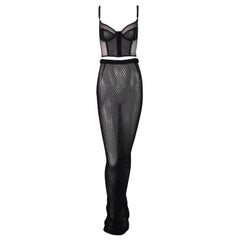 Vintage 1990's Dolce & Gabbana Pin-Up Black Fishnet Bustier & Extra Long Skirt Set