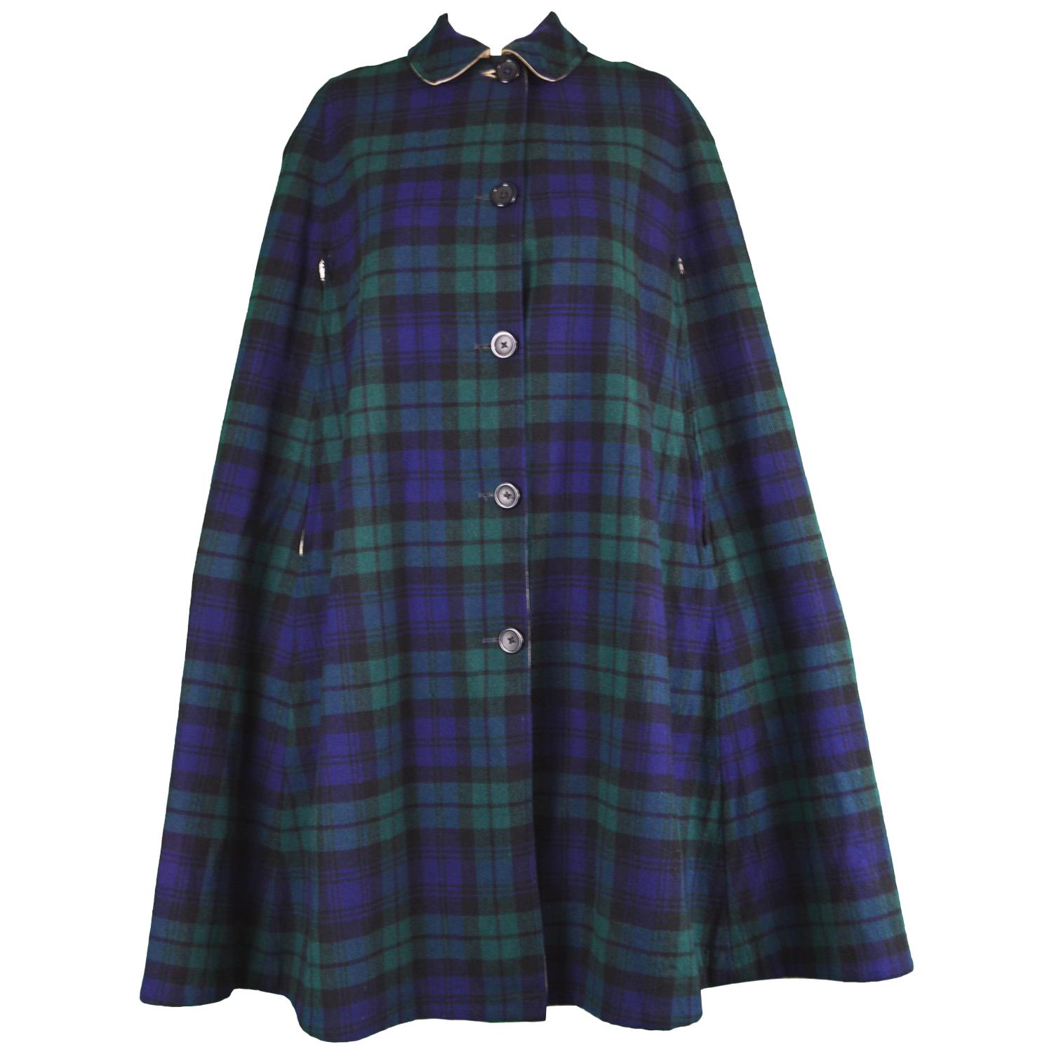 Burberry Vintage 1960s Blue & Green Checked Wool Plaid Cape Coat