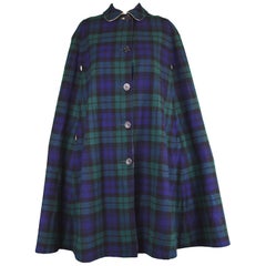 Burberry Retro 1960s Blue & Green Checked Wool Plaid Cape Coat