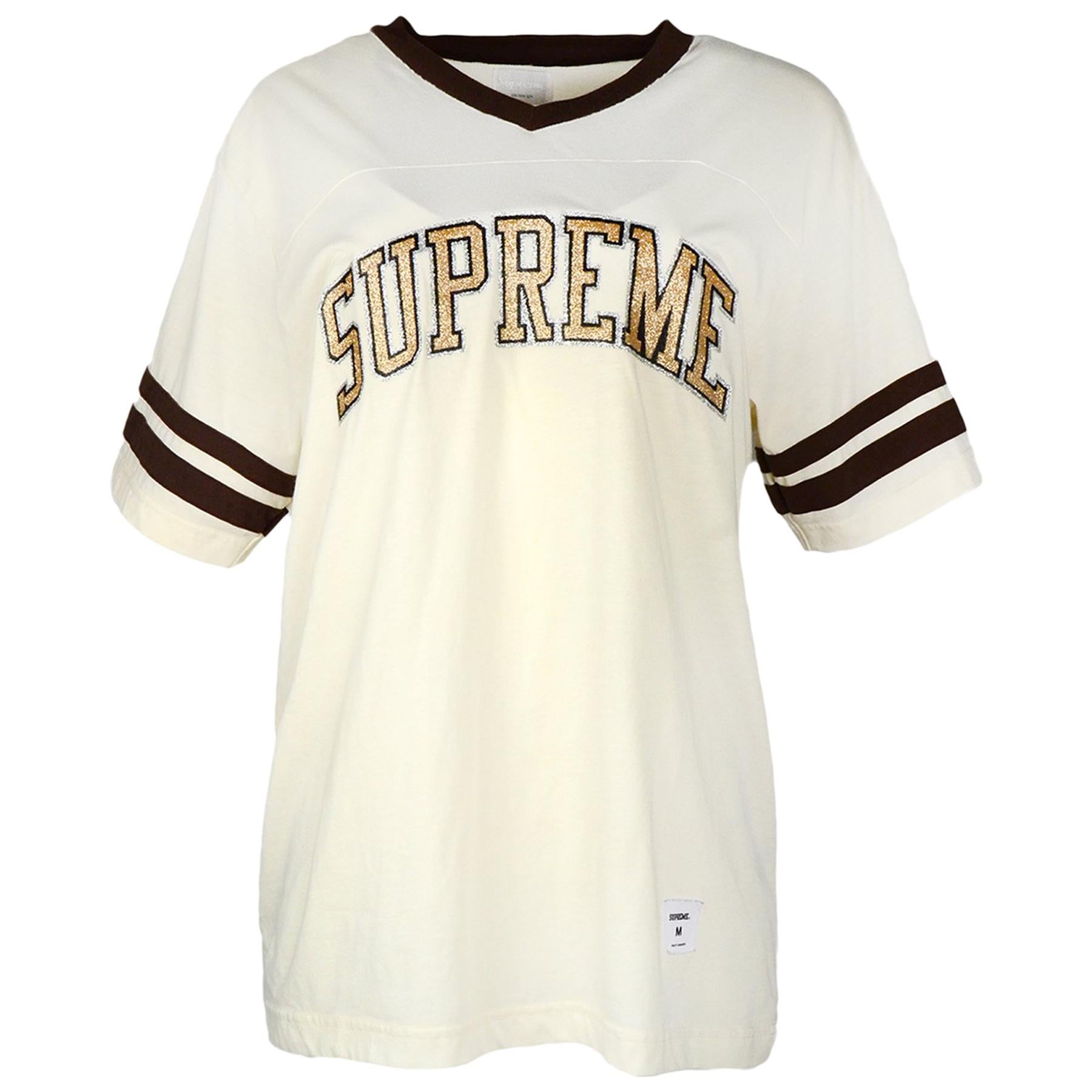 Supreme Men's Beige Glitter Logo Arc Football T-Shirt Sz M