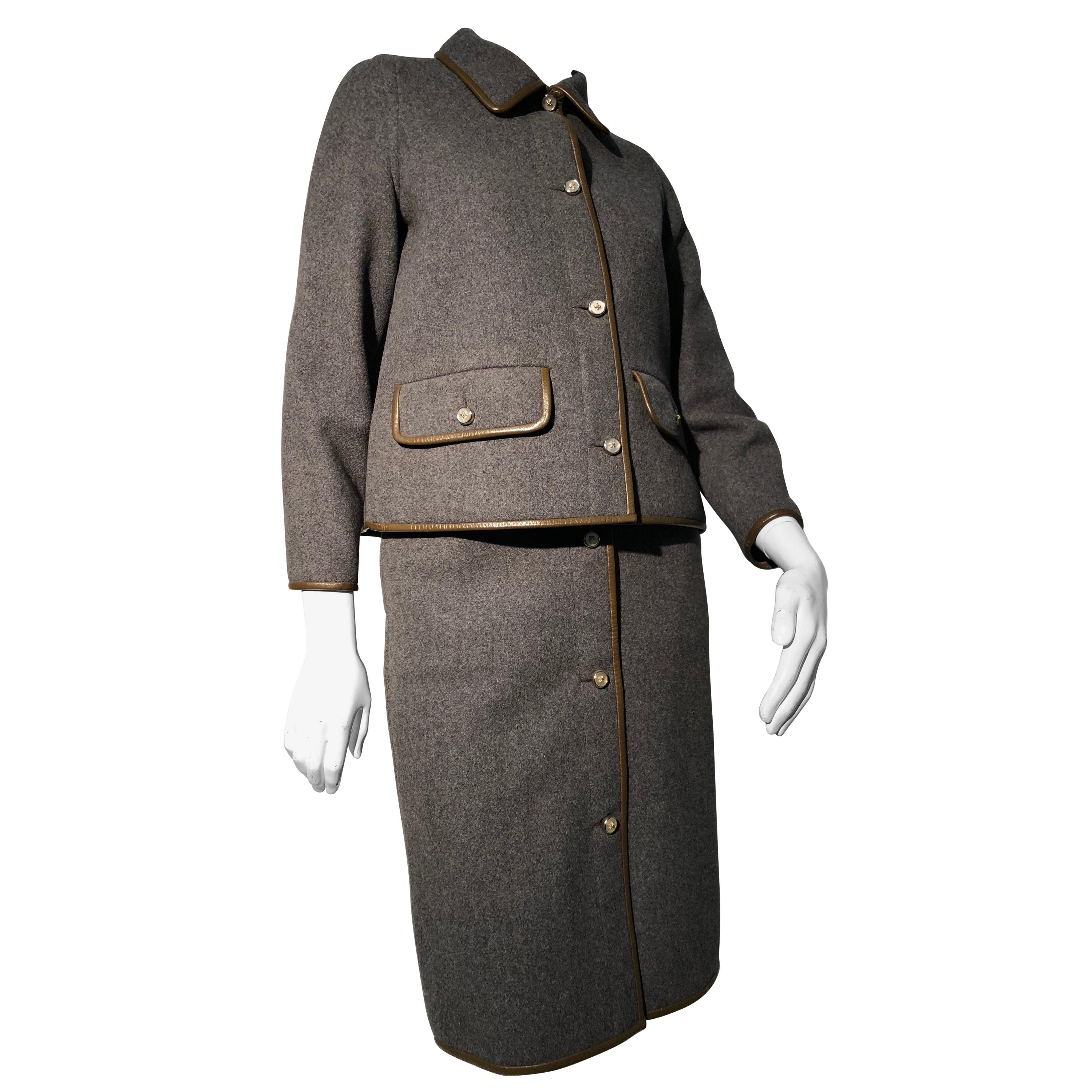 1960s Sills By Bonnie Cashin Mod Gray Wool Skirt Suit W/ Brown Leather Trim