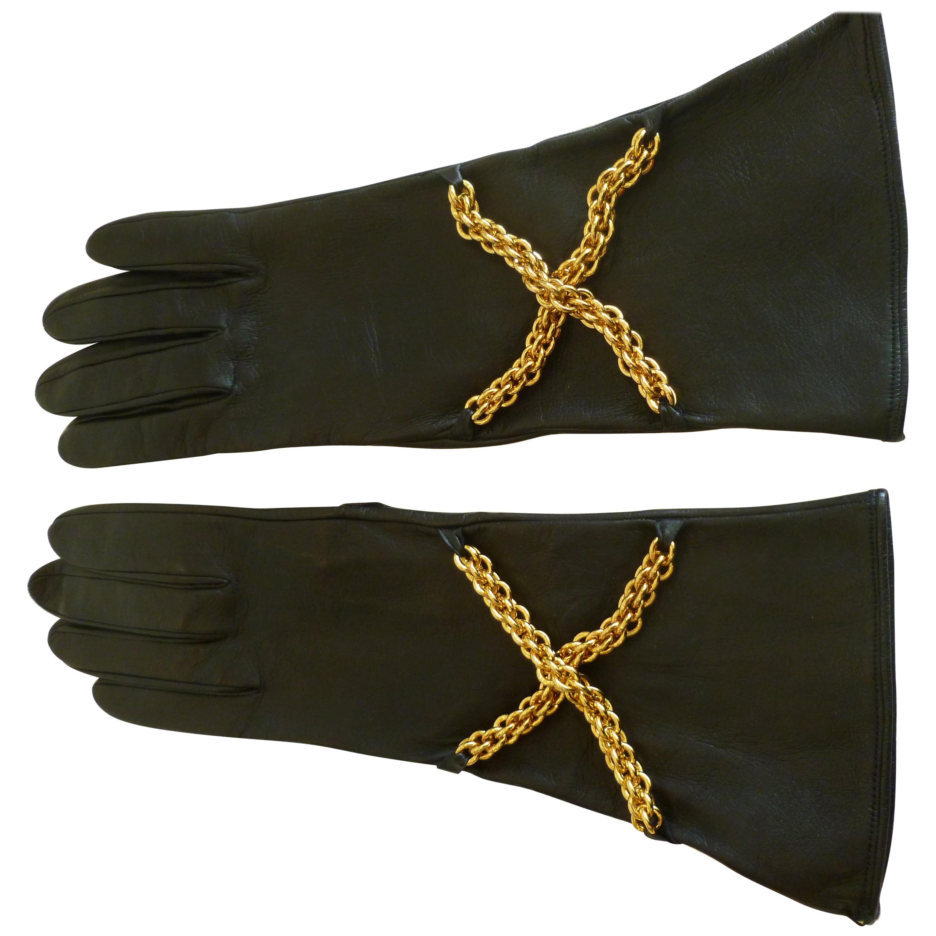  Paloma Picasso Back Leather and Brass Chain Gloves Pair Of 5