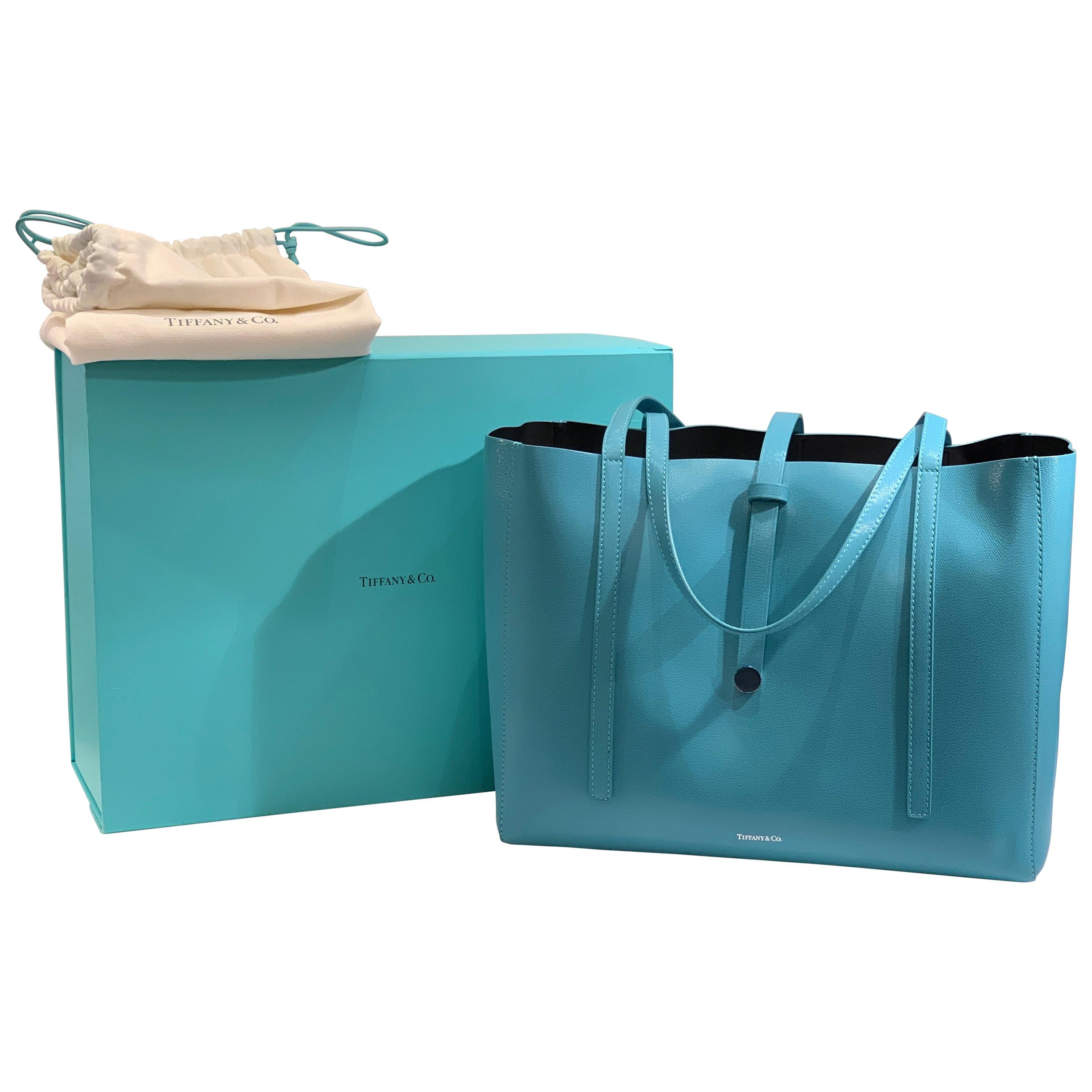 Large Tiffany & Co. Textured Leather East West Tote Bag Light Teal Made in Italy