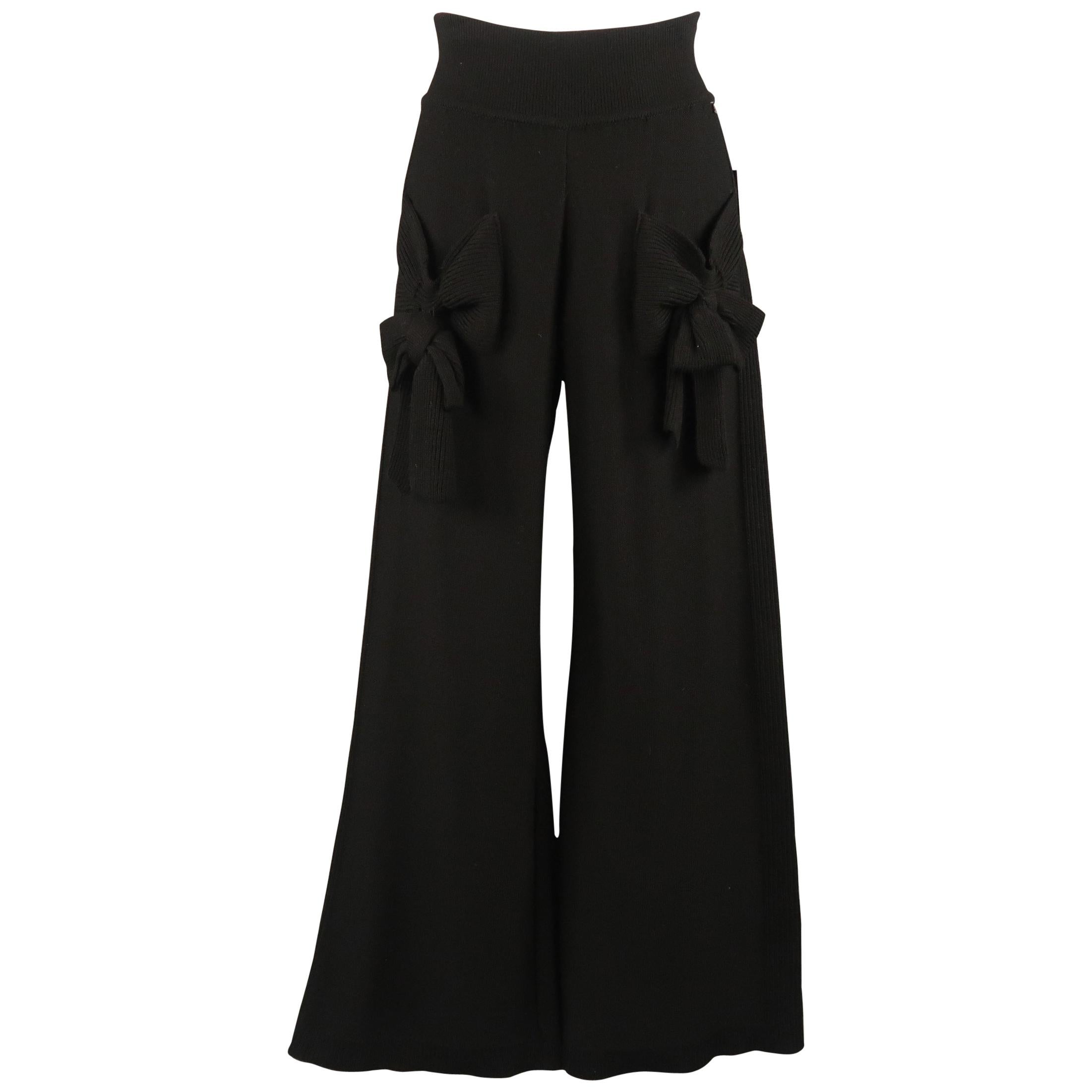 SONIA RYKIEL Size 8 Black Virgin Wool Blend Knit Wide Leg Bow Pants at ...