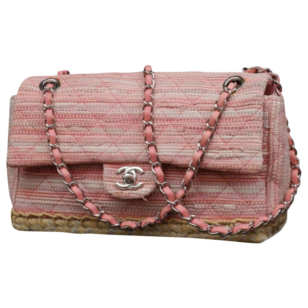 Chanel Classic Flap Quilted Espadrille Medium 233088 Pink Tweed Cross Body Bag For Sale