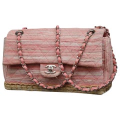 Chanel Classic Flap Quilted Espadrille Medium 233088 Pink Tweed Cross Body Bag